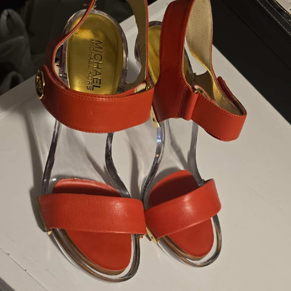 Michael Kors Orange Leather Clear-Strap Sandals with Gold Logo Accent